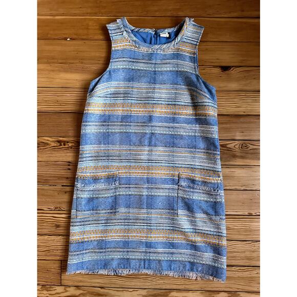 Anthropologie Crew Neck Woven Texture Blue Yellow Sleeveless Knee Length Dress - Picture 3 of 11